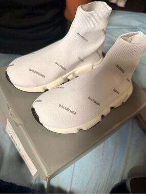 Balenciaga White Knit Speed Trainer Sock Sneakers with Subtle Logo